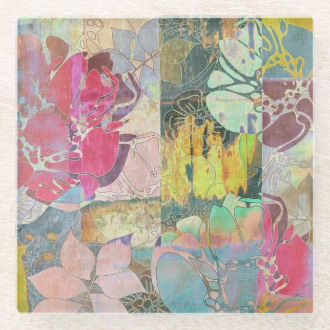 Art floral grunge pattern glass coaster (Front)