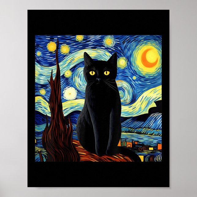 Art Funny Black Cat Painting Artist Van Gogh Starr Poster (Front)