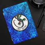 Art Gecko  iPad Pro Cover<br><div class="desc">Art Gecko
This phone case is decorated with a beautiful sparkling multicolor gecko silhouette in a circle. The background is a glitter blue pattern reminding water.
The funny text saying “Art Gecko” is a reference to “Art Deco”,  you can customise it as you want.</div>