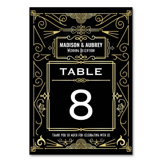 Art Gold Black Gatsby 1920s Deco Wedding Reception Table Number (Front)