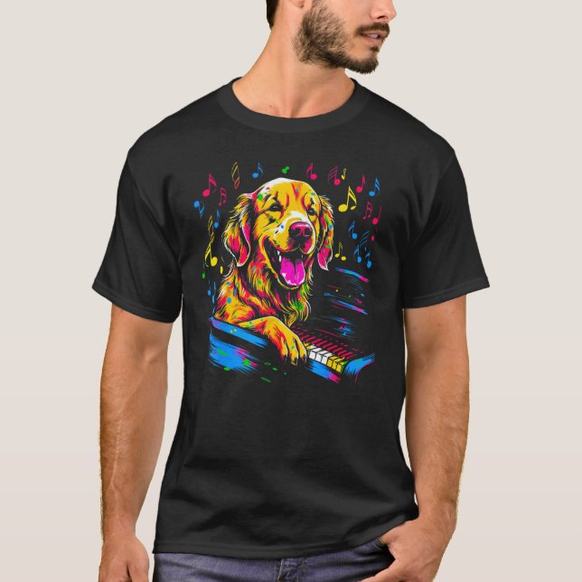 Art Golden Retriever Dog Piano T-Shirt (Front)