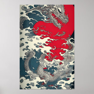 Art Hokusai Die Welle mit Drachen Poster