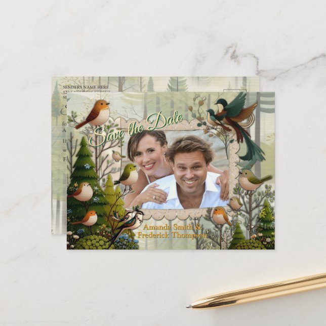 Art illustration of modern-style simplistic birds announcement postcard (Front/Back In Situ)