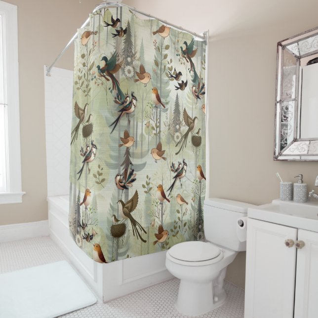 Art illustration of modern-style simplistic birds shower curtain (In Situ)