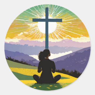 Art illustration of woman sitting praying classic round sticker