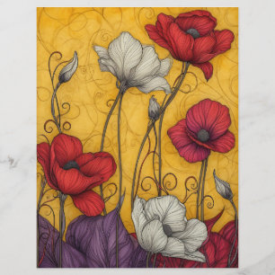 Art Neuveau Vintage Poppies Orange White Red