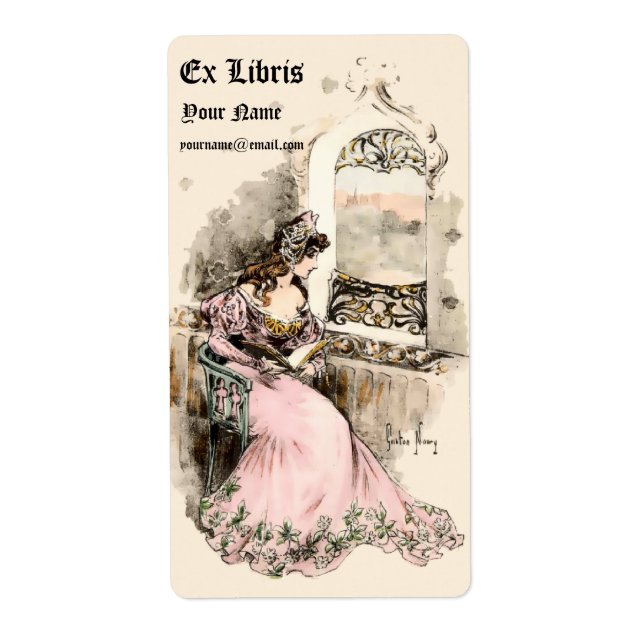 Art Nouveau 1905 Ex Libris Girl & Book Template (Front)