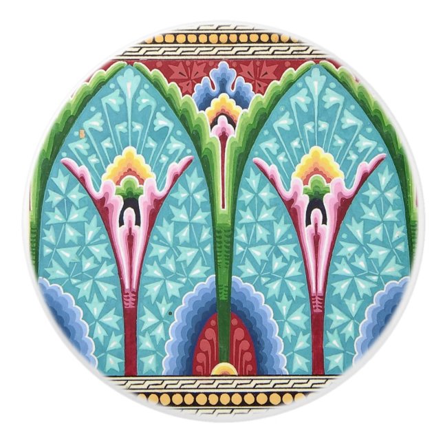 Art nouveau abstract colourful textile art pattern ceramic knob (Front)