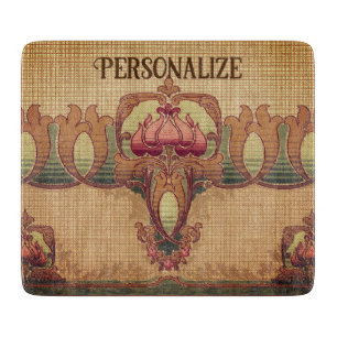 Art nouveau abstract flower burgundy red green cutting board
