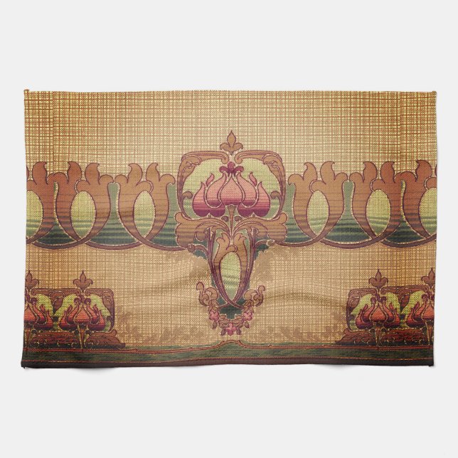 Art nouveau abstract flower burgundy red green tea towel (Horizontal)