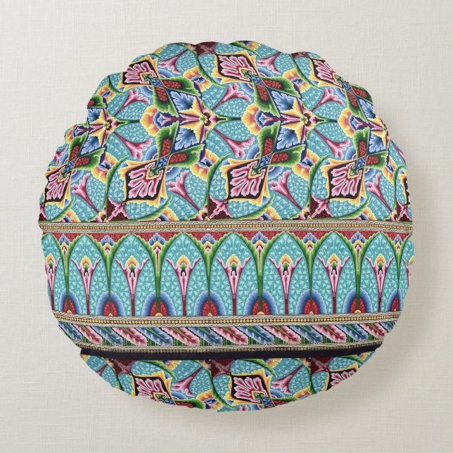Art nouveau abstract pattern colourful textile art round cushion (Front)
