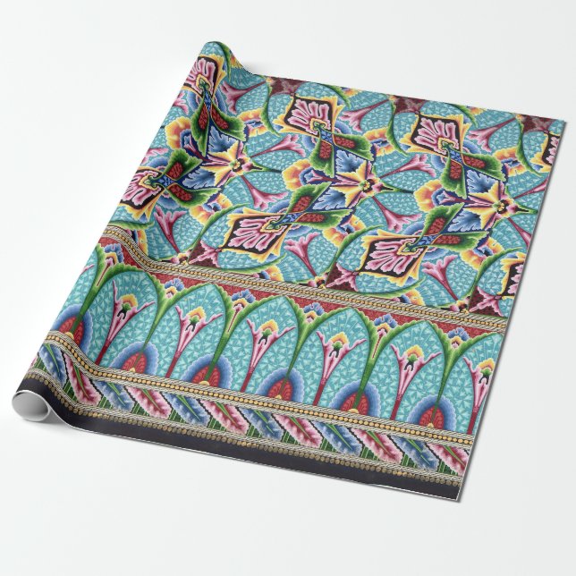 Art nouveau abstract pattern textile art blue pink wrapping paper (Unrolled)