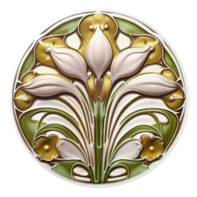 Art Nouveau Abstract White Gold Floral Ceramic Knob (Front)