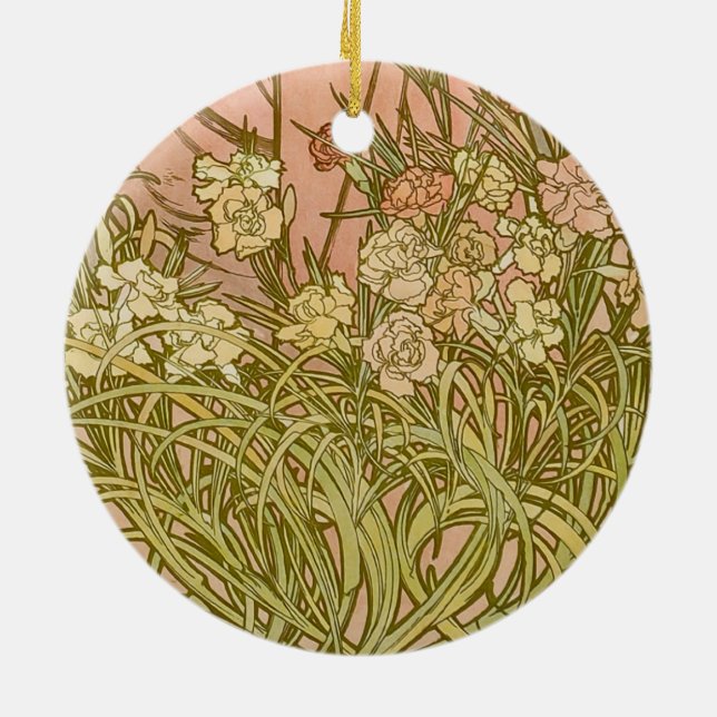 Art Nouveau Alfonse Mucha Floral carnation flowers Ceramic Ornament (Back)