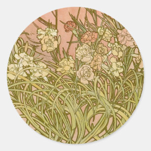 Art Nouveau Alfonse Mucha Floral carnation flowers Classic Round Sticker