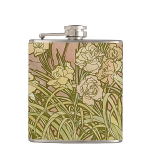 Art Nouveau Alfonse Mucha Floral carnation flowers Hip Flask