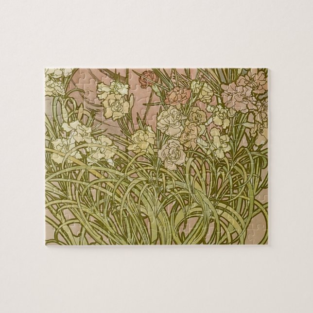 Art Nouveau Alfonse Mucha Floral carnation flowers Jigsaw Puzzle (Horizontal)