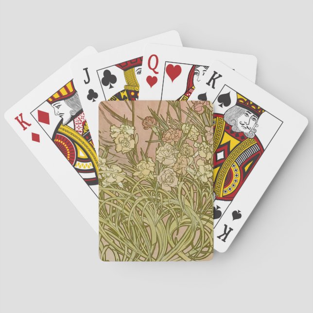 Art Nouveau Alfonse Mucha Floral carnation flowers Playing Cards (Back)