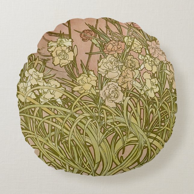 Art Nouveau Alfonse Mucha Floral carnation flowers Round Cushion (Front)