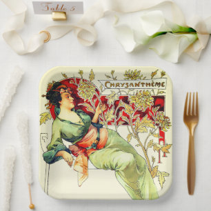 Art nouveau Alphonse Mucha Chrysantheme autumn Paper Plate
