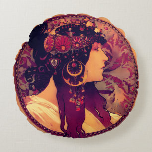 Art nouveau Alphonse Mucha Donna Orechini elegant  Round Cushion