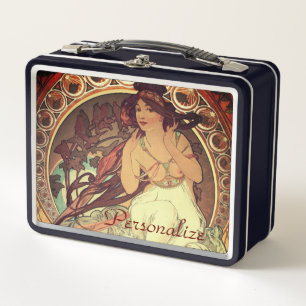 Art nouveau Alphonse Mucha elegant vintage woman Metal Lunch Box