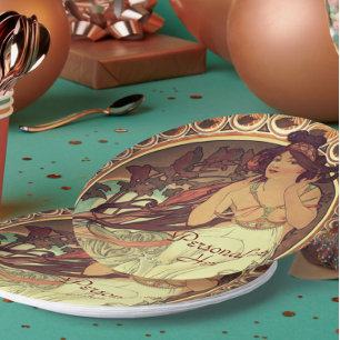 Art nouveau Alphonse Mucha elegant vintage woman   Paper Plate