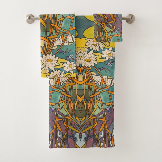 Art nouveau Alphonse mucha flower pond dragonfly Bath Towel Set (Insitu)
