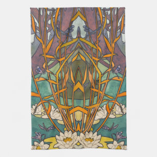 Art nouveau Alphonse mucha flower pond dragonfly Tea Towel