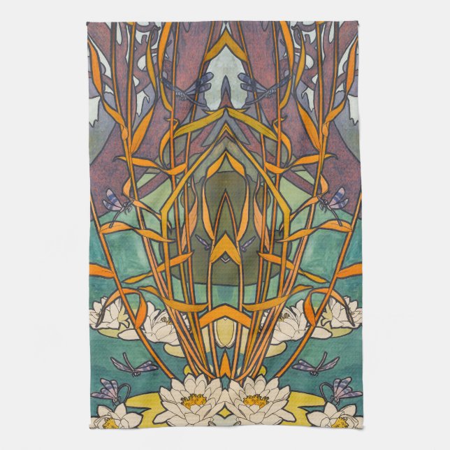 Art nouveau Alphonse mucha flower pond dragonfly Tea Towel (Vertical)