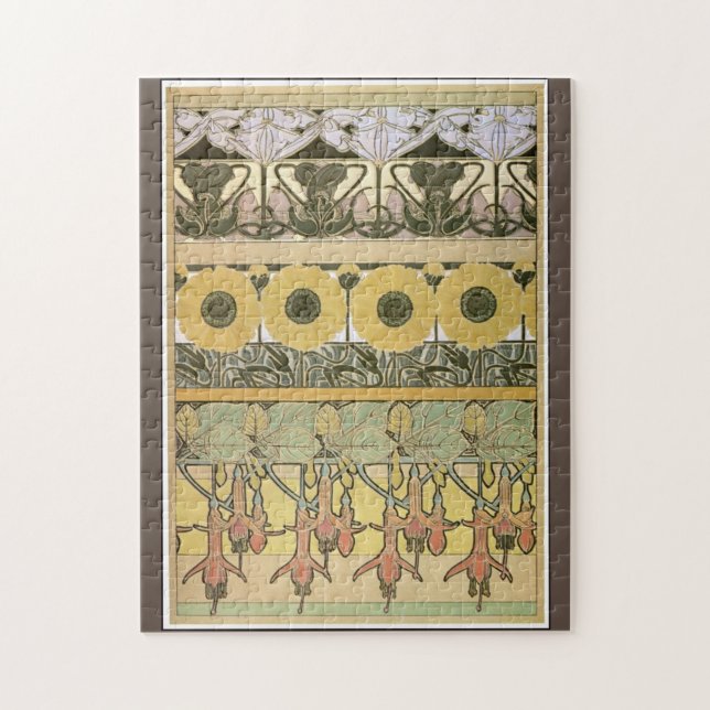 Art nouveau alphonse mucha fuschia sunflower flora jigsaw puzzle (Vertical)