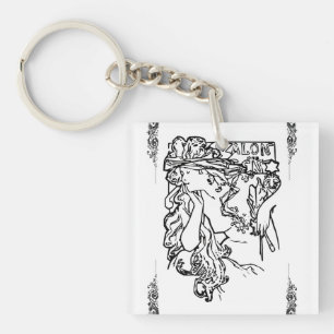 Art nouveau Alphonse Mucha salon black and white Key Ring
