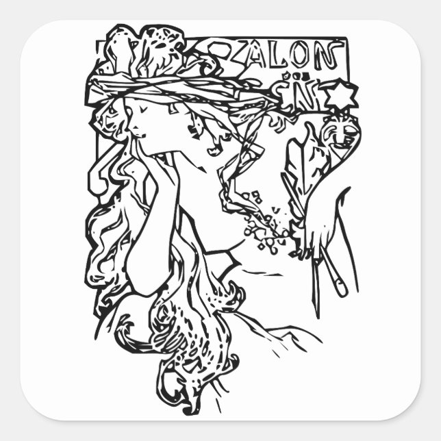 Art nouveau Alphonse Mucha salon black and white  Square Sticker (Front)