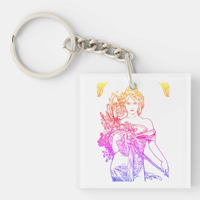 Art nouveau Alphonse Mucha woman flowers Key Ring (Front)