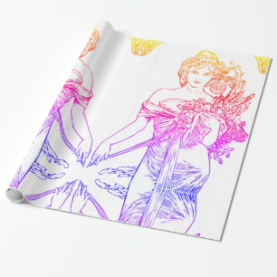 Art nouveau Alphonse Mucha woman with flowers  Wrapping Paper