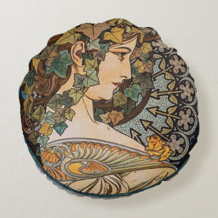 Art Nouveau Alphonse Mucha's Nature Goddess Round Cushion