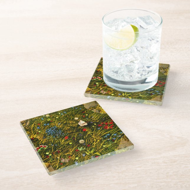 Art Nouveau Alpine Meadow  Glass Coaster (Angled)
