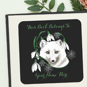 Art Nouveau Arctic White Fox Bookplate Square Sticker
