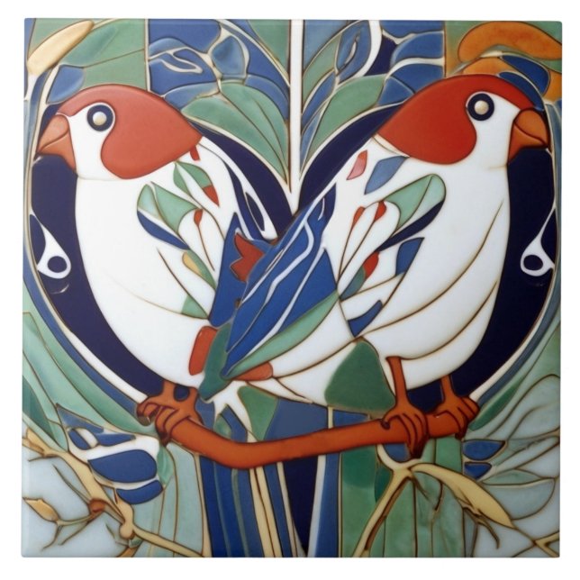 Art Nouveau Art Deco Birds in Red White Blue Green Ceramic Tile (Front)