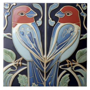 Art Nouveau Art Deco Birds - Red Blue Parrot Ceramic Tile