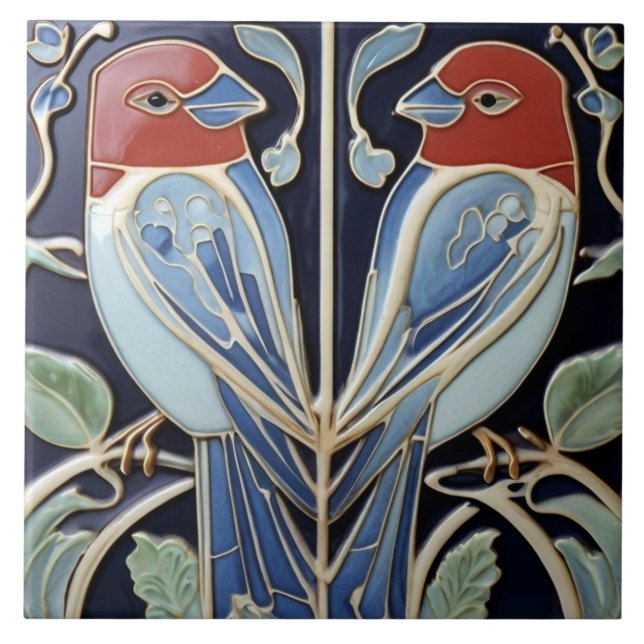 Art Nouveau Art Deco Birds - Red Blue Parrot Ceramic Tile (Front)