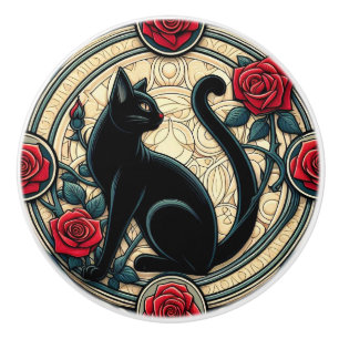Art Nouveau Art Deco Black Cat Ceramic Knob