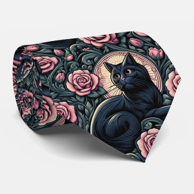 Art Nouveau Art Deco Black Cat with Pink Roses Tie (Rolled)
