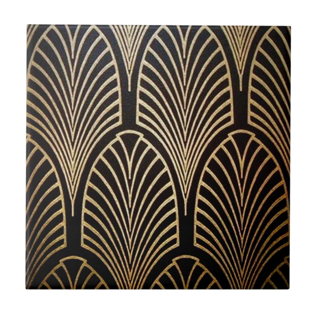 Art nouveau, art deco, fan pattern, bronze,gold,bl ceramic tile (Front)