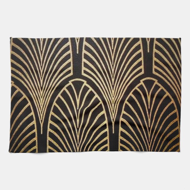 Art nouveau, art deco, fan pattern, bronze,gold,bl tea towel (Horizontal)
