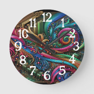 Art Nouveau Art Deco Rainbow Circuit Board Round Clock