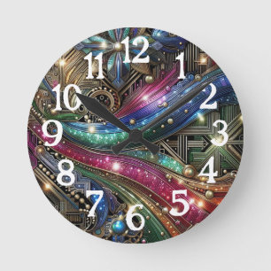 Art Nouveau Art Deco Rainbow Circuit Board Round Clock