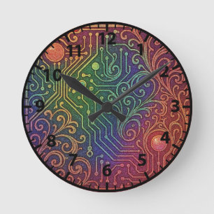 Art Nouveau Art Deco Rainbow Circuit Board Round Clock