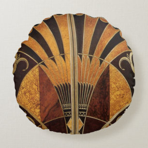 art Nouveau,art deco, vintage, multi wood colours, Round Cushion