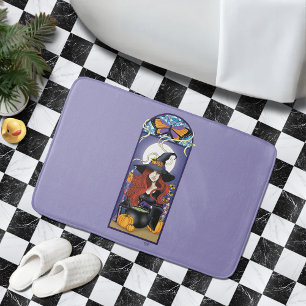 Art Nouveau Autumn Witch Pumpkins Purple Moon Bath Mat